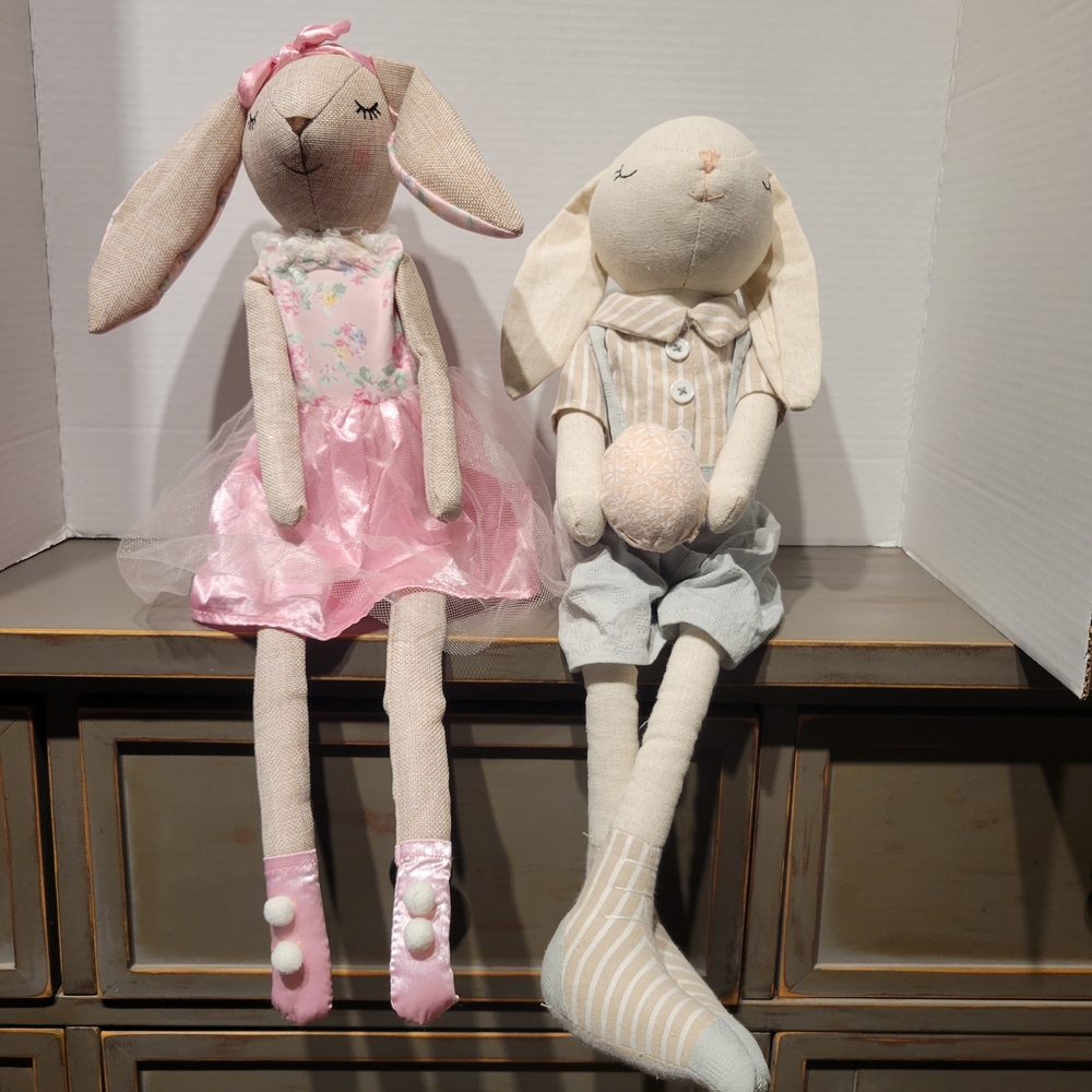 Adorable Bunny Doll Pair with Pink and Gray Outfits